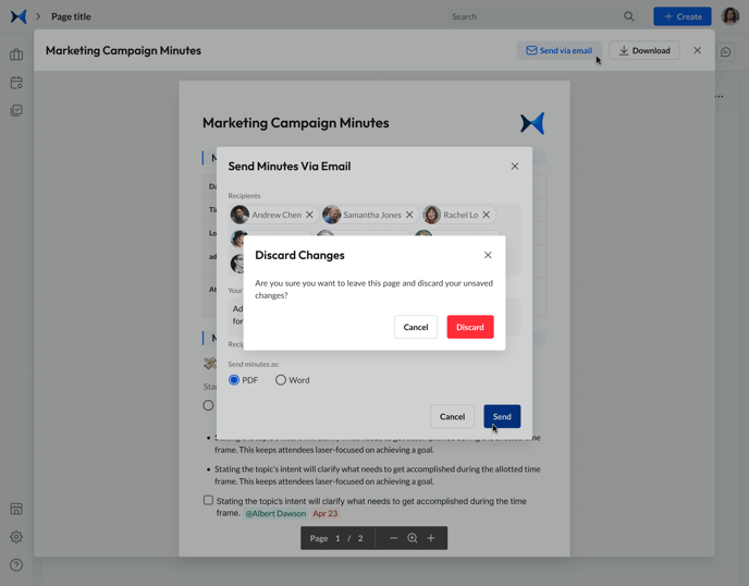 Meeting Room - Meeting Minutes - Meeting Minutes Modal - Send Minutes via Email - Send Minutes Modal - Discard Changes