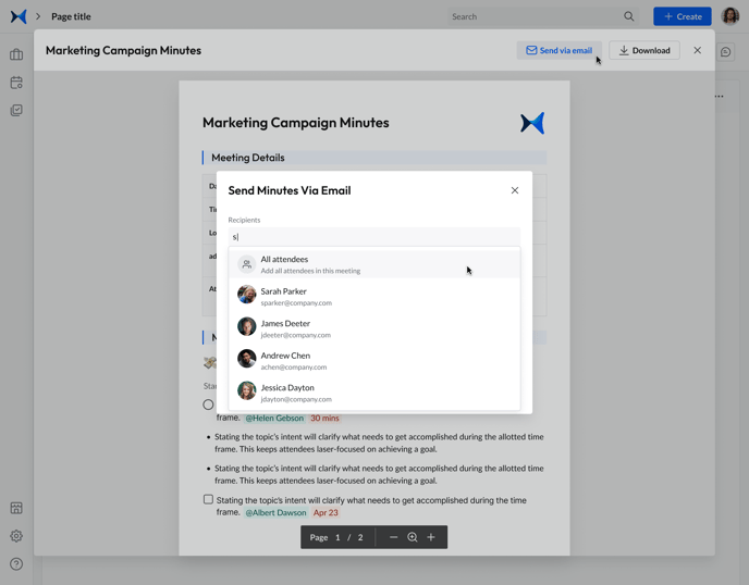 Meeting Room - Meeting Minutes - Meeting Minutes Modal - Send Minutes via Email - Send Minutes Modal - Add People