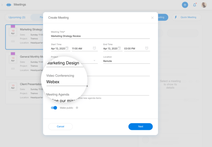 Webex in Create Meeting